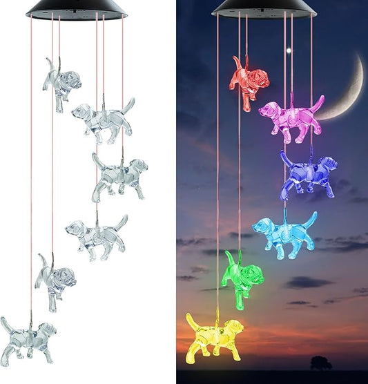 Solar Wind Chimes, Dog Wind Chimes Gifts for Mom Grandma Women Wife Girls, IP65 Waterproof Hanging Memorial Windchimes with 7 Color Changing LED Lights for Outside Garden Yard Decorations