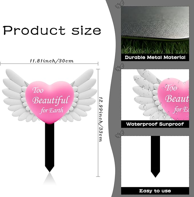 Angel Heart Memorial Grave Stake with Too Beautiful for Earth - Metal Sympathy Grave Marker, Rust-Resistant Outdoor Cemetery Decoration(Heart Angel)