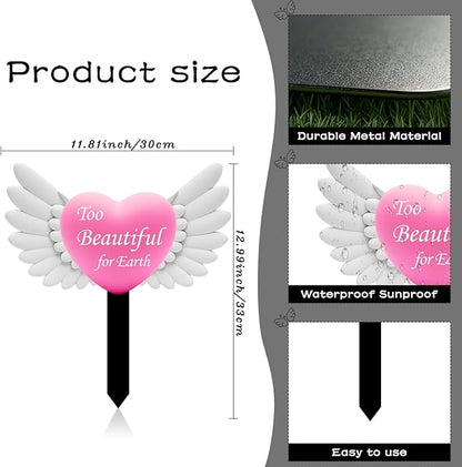 Angel Heart Memorial Grave Stake with Too Beautiful for Earth - Metal Sympathy Grave Marker, Rust-Resistant Outdoor Cemetery Decoration(Heart Angel)