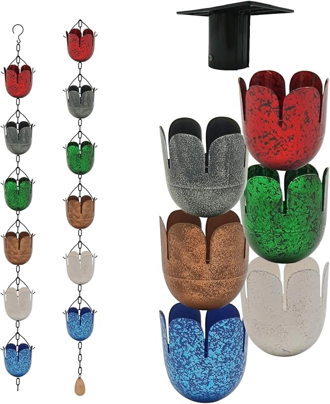 8.5FT Multicolor Rain Chains for Gutter and Rain Barrel, Rust-Resistant Plated Iron Rain Chain, Decorative and Functional Replacement for Downspouts or Gutters, W/Gutter Adapter (2 x 6color Cups)