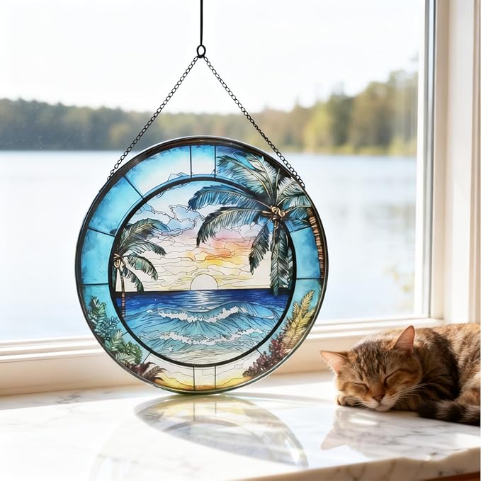 Stained Glass Window Hanging, Summer Beach Window Hanging Light Catcher, Outdoor Light Catcher Garden Decor, Tropical Kitchen Wall Decor Decorative Patios (Beach)