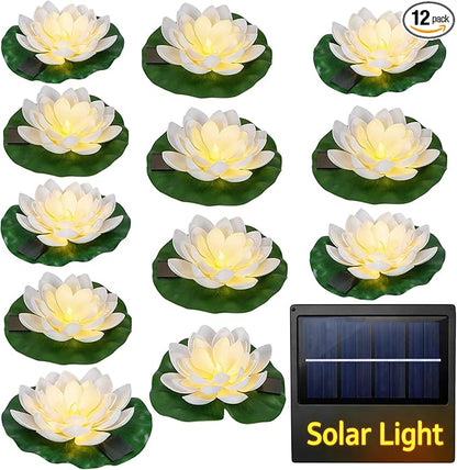 12 PCS Solar Powered Floating Lotus Lights - 7.09'' Waterproof Floating Flower Light, Solar Water Activated Pool Lotus Lamp for Garden Pond Wedding Party Decoration (White)