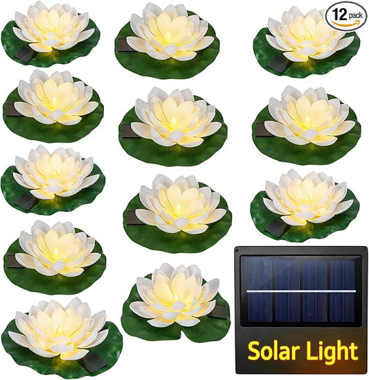 12 PCS Solar Powered Floating Lotus Lights - 7.09'' Waterproof Floating Flower Light, Solar Water Activated Pool Lotus Lamp for Garden Pond Wedding Party Decoration (White)