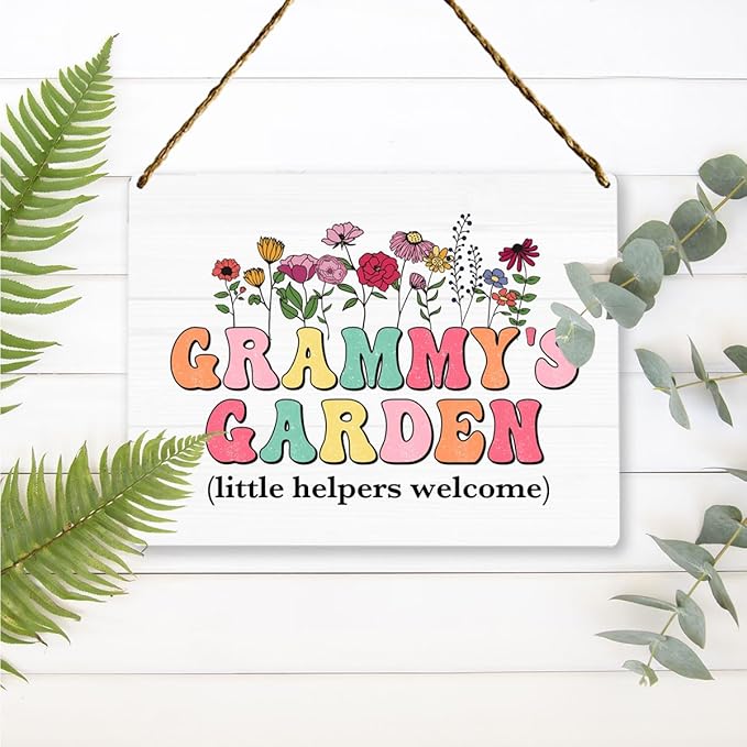 Grammy's Garden Wooden Sign Decor, Indoor Decoration Hanging Signs 8x10 Inches, Outdoor Garden Decor Yard Wall Hanging Decor Sign, Mothers Day Gifts Birthday Gifts for Mom Grandma