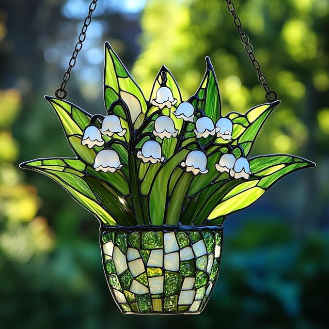 Lily of The Valley Acrylic Suncatcher Stained Glass Effect Window Car Hanging Christmas Ornament Indoor Outdoor Decor Garden Sun Catcher Panel for Floral Lover for Women Mom Grandma