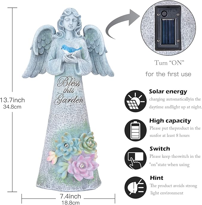 Angel Garden Statue Outdoor Decor, Angel Garden Holding Bird with Solar Lights, Gardening Gifts for Mom Grandma, Art Decoration Lawn Ornament Sculpture for Outside