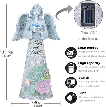 Angel Garden Statue Outdoor Decor, Angel Garden Holding Bird with Solar Lights, Gardening Gifts for Mom Grandma, Art Decoration Lawn Ornament Sculpture for Outside