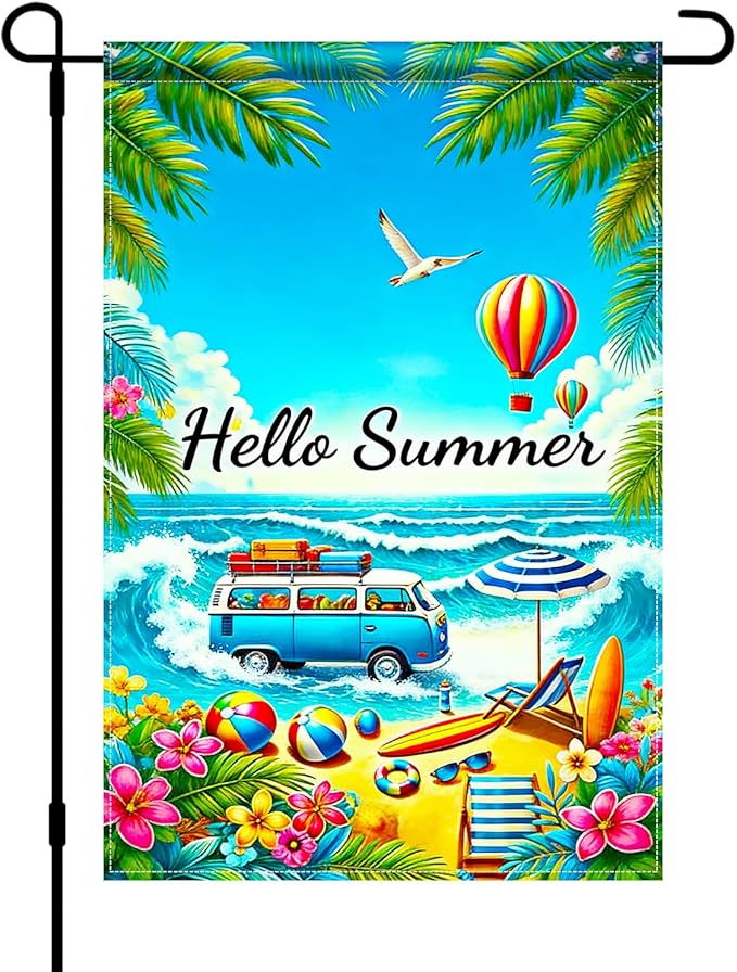 BlissYard Hello Summer Beach Garden Flag 12x18 Double Sided Vertical Outdoor Decor Van Surf Ocean Tropical Yard Garden Lawn Banner Coastal Seasonal Display