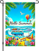 BlissYard Hello Summer Beach Garden Flag 12x18 Double Sided Vertical Outdoor Decor Van Surf Ocean Tropical Yard Garden Lawn Banner Coastal Seasonal Display