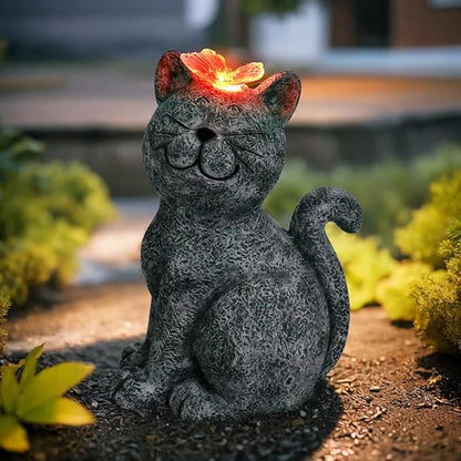 Solar Cat Statue Garden Outdoor Decor, Cat Kitten Figurines with Solar Lights Butterfly for Yard, Patio, Lawn, and Garden Outdoor Decoration, Housewarming Garden Gift.