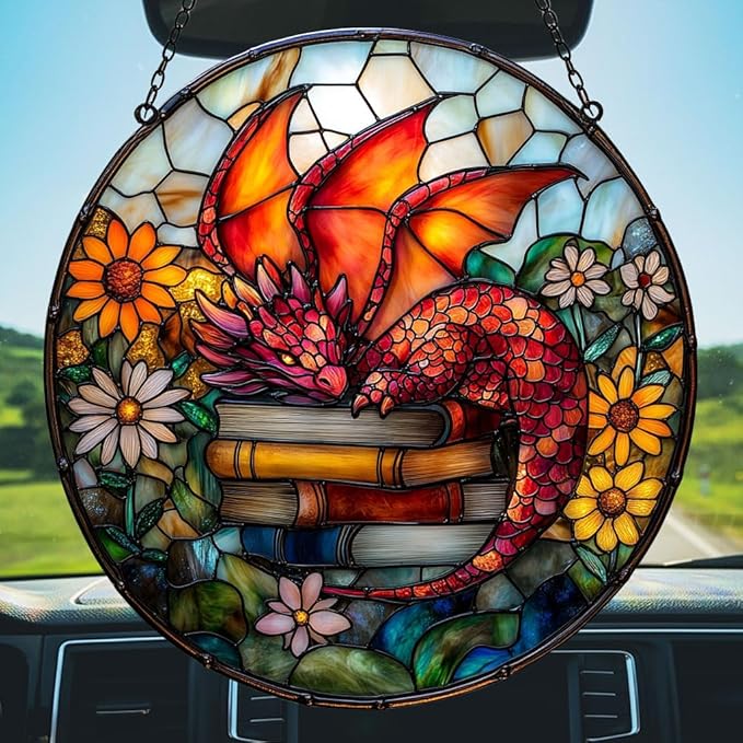 Sleeping Dragon on Books Acrylic Suncatcher Stained Glass Effect Window Car Hanging Christmas Ornament Indoor Outdoor Decor Garden Sun Catcher Panel for Book Lover for Women Mom Grandma