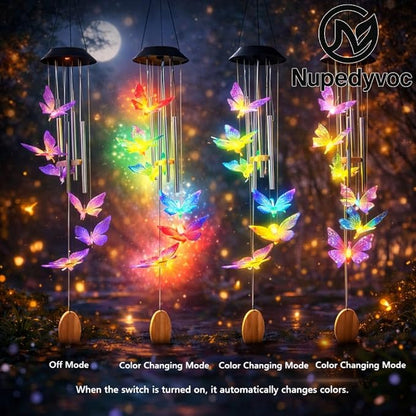 36” Butterfly Aluminum Tube Solar Light LED Wind Chime for Outside, Weather Resistant Decoration Outdoor Garden Patio Soft Tone Decor, Gift for Birthday, Mother's Day, Relaxation