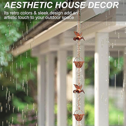 Rain Chains for Gutters, 7.87Ft Hummingbird and Cup Rain Chains for Gutters, Adjustable Rain Chimes for Outside Replacement Downspout for Gutters Eaves Drainage, Copper