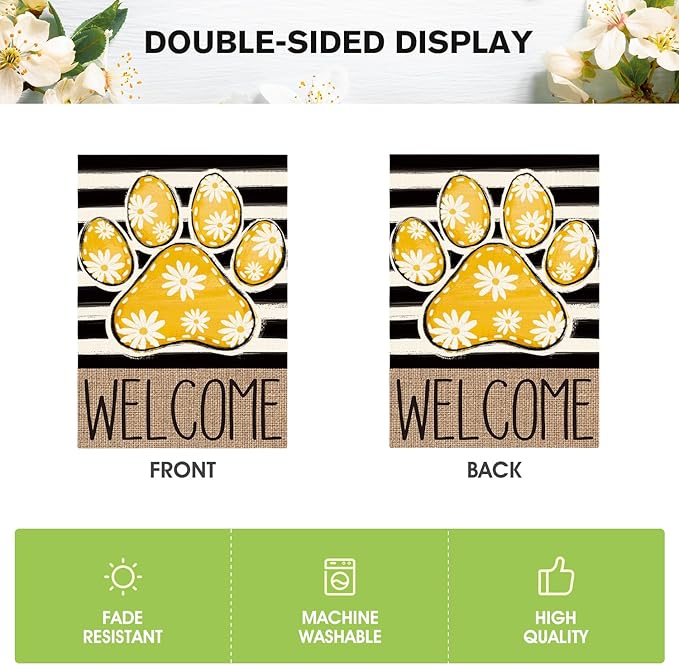 AVOIN colorlife Yellow Paw Print Spring House Flag 28x40 Inch Double Sided Outside, Daisy Floral Welcome Stripes Yard Outdoor Flag