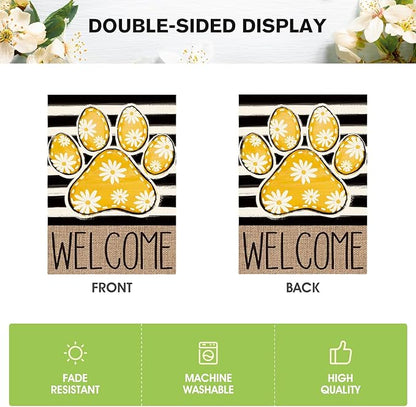 AVOIN colorlife Yellow Paw Print Spring House Flag 28x40 Inch Double Sided Outside, Daisy Floral Welcome Stripes Yard Outdoor Flag