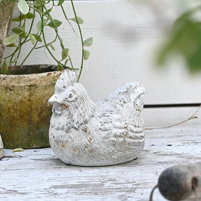 Chicken Figurine Chicken Kitchen Decor Cement Hen Figurine Rustic Hen Garden Statues Figurines Artwork for Outdoor, Backyard, Patio and Home Kitchen Decoration(White)