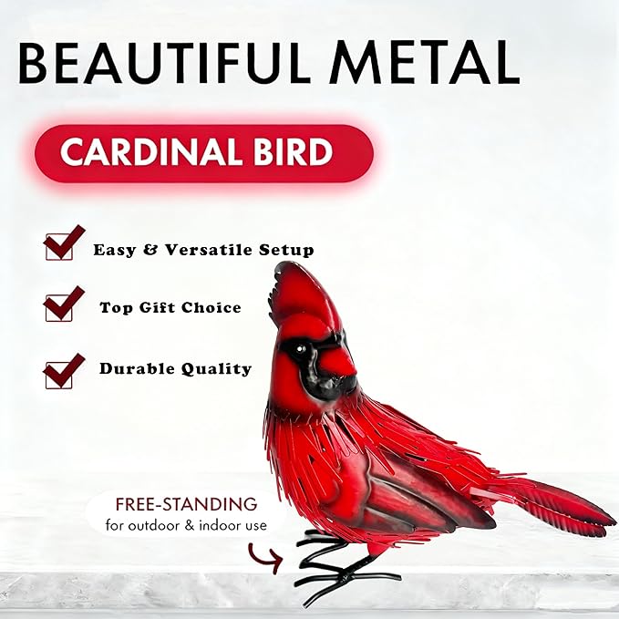 Metal Red Cardinal Garden Decoration Statue Metal Bird Yard Art Red Bird Sculpture for Outdoor Patio & Indoor Home Decor - Gifts for Mom Grandma