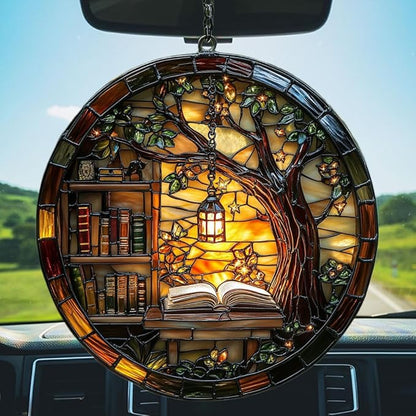 Forest Library Bookshelves Acrylic Suncatcher Stained Glass Effect Window Car Hanging Christmas Ornament Indoor Outdoor Decor Garden Sun Catcher Panel for Book Lover for Women Mom Grandma