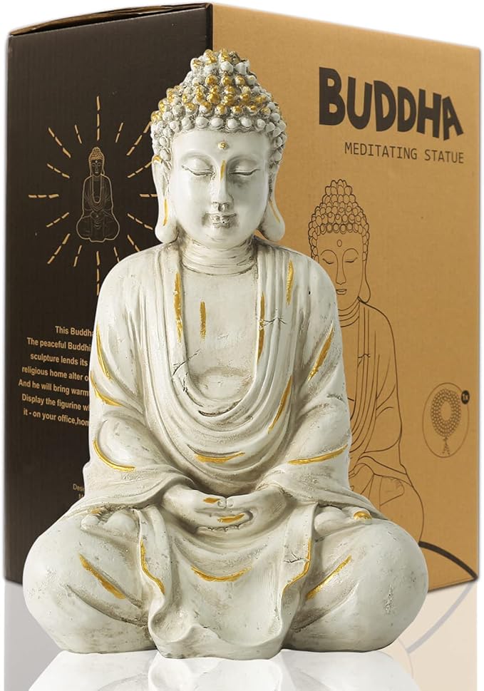 Goodeco 11.4 Meditating Zen Buddha Statue Figurine Sculpture - Indoor/Outdoor Decor for Home,Garden,Polyresin (White)