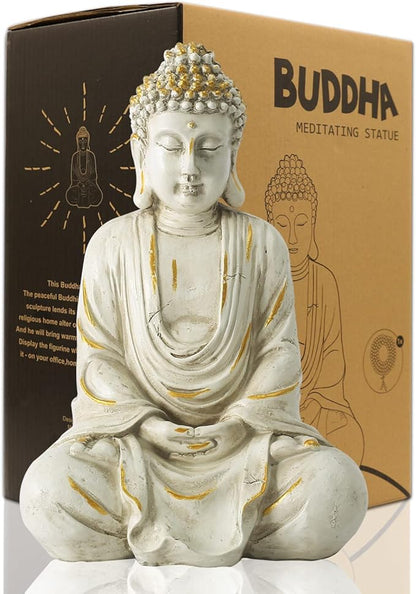 Goodeco 11.4 Meditating Zen Buddha Statue Figurine Sculpture - Indoor/Outdoor Decor for Home,Garden,Polyresin (White)