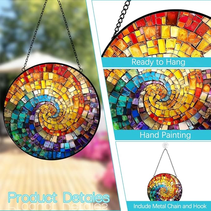 Rainbow Suncatcher Stained Glass Window Hanging - 8 Inch Colorful Sun Catchers Rainbow Maker Suncatchers for Windows - Handmade Sun Catcher Glass Panel Window Decor - Birthday Gifts for Women Mom