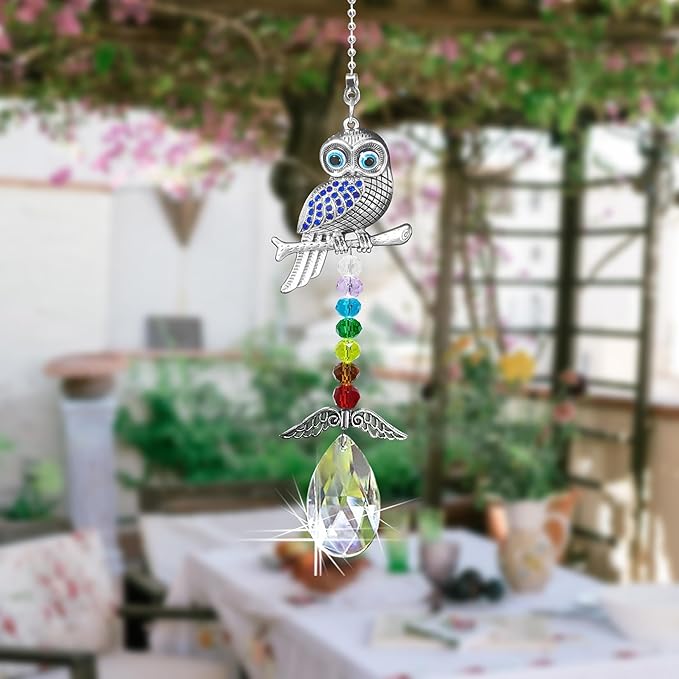Hanging Crystal Charm Owl Suncatcher for Window and Home Decor,Blue Evil Eye Protection and Good Luck Car Charm Pendant (Owl)
