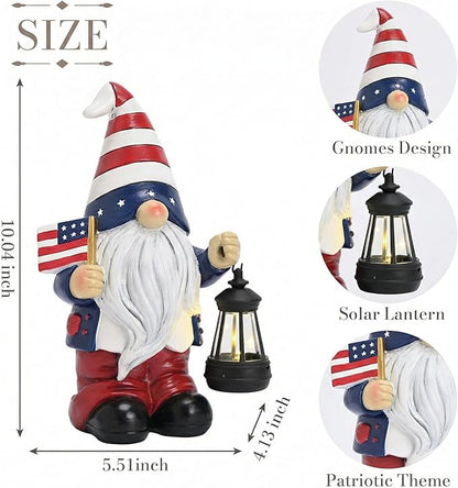 TERESA'S COLLECTIONS 4th of July Gnome Decorations with Solar Lantern, Memorial Day Decorations Resin Patriotic Garden Gnome Holding American Flag, USA 250th Anniversary Independence Day Gift 10"
