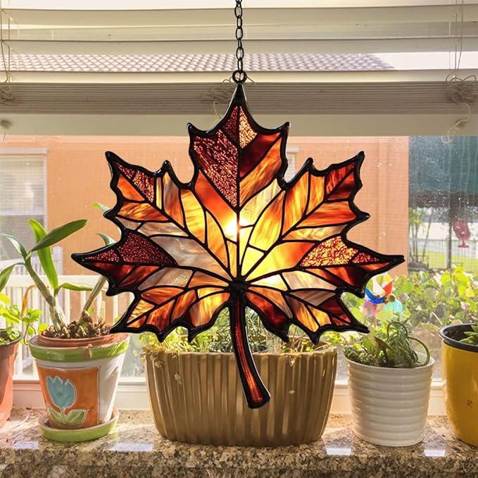 Autumn Maple Leaf Acrylic Suncatcher Stained Glass Effect Window Car Hanging Christmas Ornament Indoor Outdoor Decor Garden Sun Catcher Panel for Maple Leaf Lover for Women Mom Grandma
