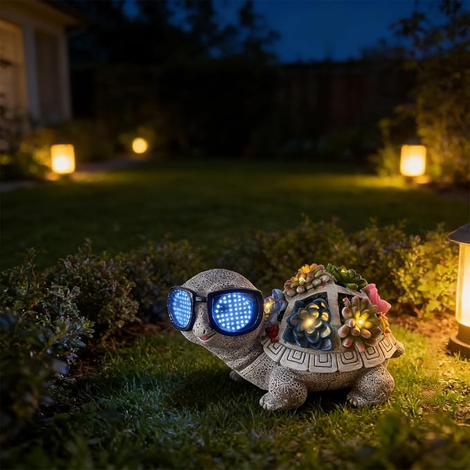 Solar Garden Outdoor Statues with Succulent and 7 LED Lights - Lawn Decor Tortoise Statue for Patio, Balcony, Yard Ornament - Unique Housewarming Gifts (Gray Turtle)