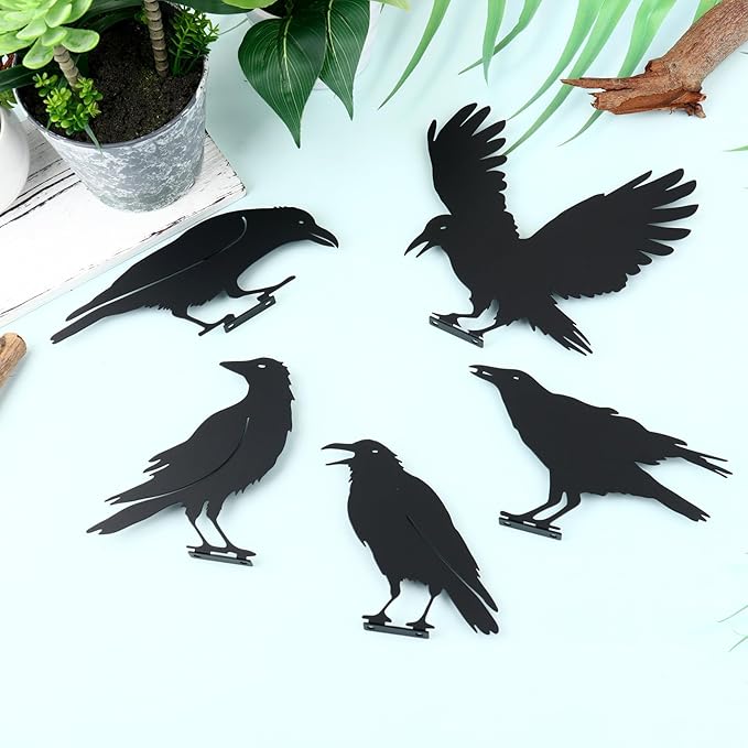 Raven Crow Fence Topper Decor, Metal Garden Birds Black Silhouette Statue, Halloween Witchy Gothic Ornament for Yard Fence, Fake Crow Home Garden Decoration (Rustic)