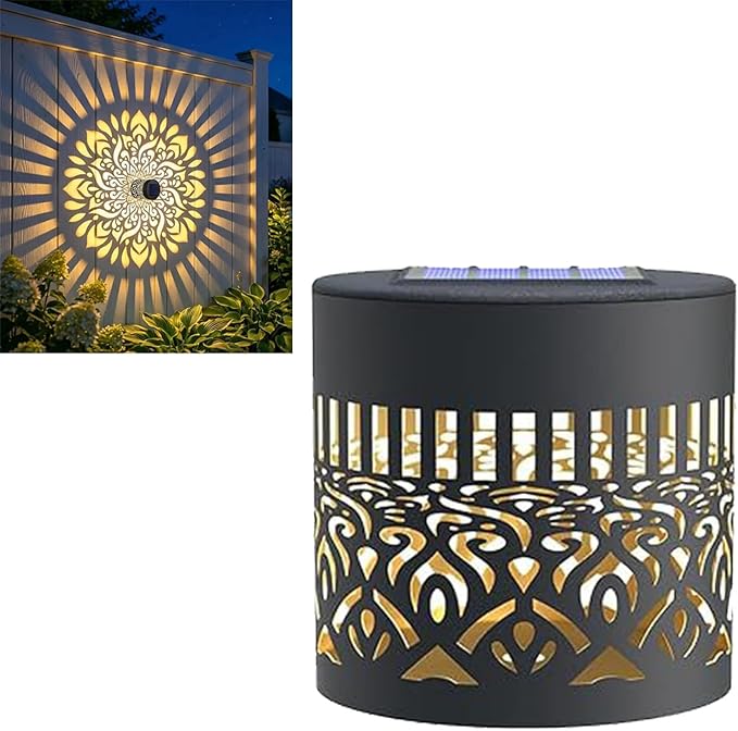 Decorative Solar Mandala Lights Outdoor, Solar Powered Metal Fence Light with Mandala Theme for Garden Post Patio Backyard Deck Step Wall Decor, Waterproof Windproof Durable Landscape (1Pcs Yellow)