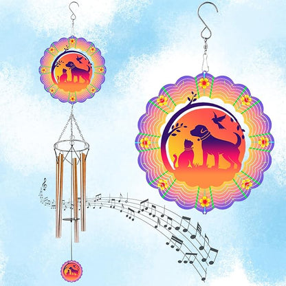 Wind Chimes with Dog Cat Pet 3D Display Wind Spinner for Outside Garden Patio Yard Decor, Metal Decorative Windchimes Outdoor Hanging Gift for Mom Women Grandma Wife, for Christmas, Birthday