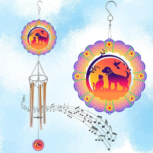 Wind Chimes with Dog Cat Pet 3D Display Wind Spinner for Outside Garden Patio Yard Decor, Metal Decorative Windchimes Outdoor Hanging Gift for Mom Women Grandma Wife, for Christmas, Birthday
