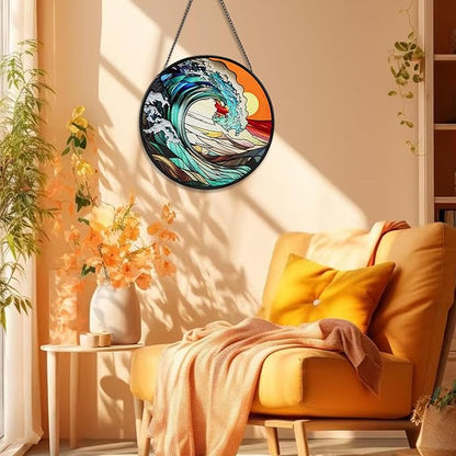 Suncatcher Stained Glass Window Hanging - Waves Glass Panel with Metal Chain and Hooks Handmade Sun Catcher Decoration for Window Garden Home Christmas & Birthday Gifts