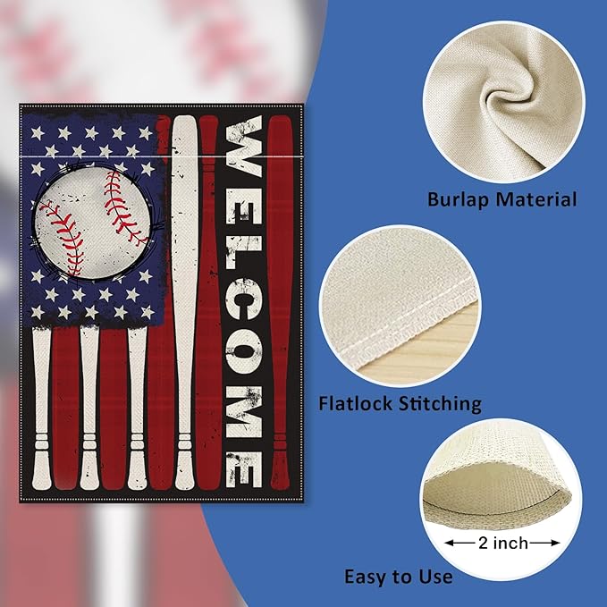 Welcome July 4th Baseball Patriotic Decorative Garden Flag, Red White Bat America USA Independence Day Yard Outside Decorations, Stars American Outdoor Small Home Decor Double Sided 12 x 18