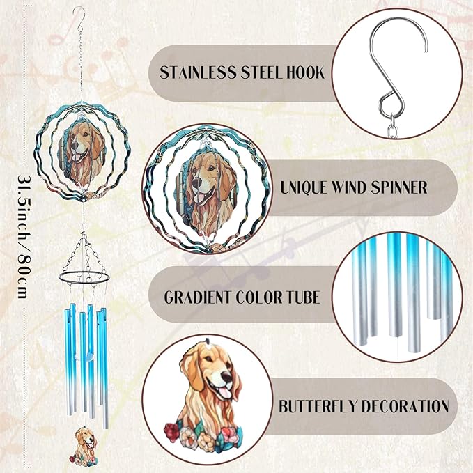 Dog Metal Wind Chimes - Golden Retriever Windchimes with Wind Spinners Outdoors Art Hanging Decor for Garden Patio Yard Indoor Balcony Home Birthday Gifts for Women Dogs Mom Friends