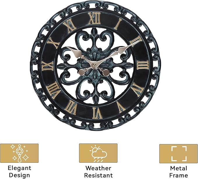 Lily's Home Hanging Verdigris Wall Clock, Ideal for Indoor or Outdoor Use, Makes a Great Housewarming Gift, Black (13.5 Inches)