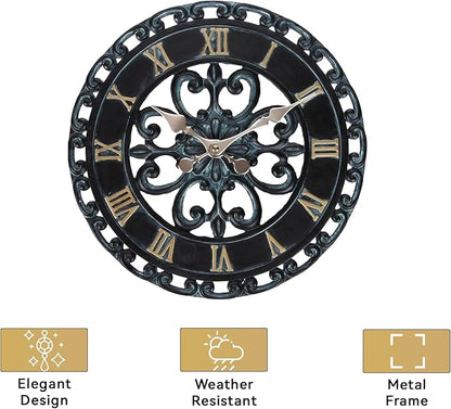 Lily's Home Hanging Verdigris Wall Clock, Ideal for Indoor or Outdoor Use, Makes a Great Housewarming Gift, Black (13.5 Inches)