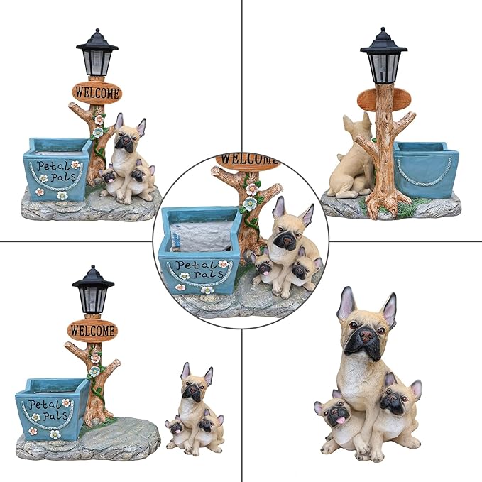 Solar Garden Statue with Planter & Solar Lantern, Outdoor Resin Animal Sculpture, Waterproof Yard Lawn Decor Pot for Succulents, Front Porch Ornament Housewarming Gift (French Bulldog)
