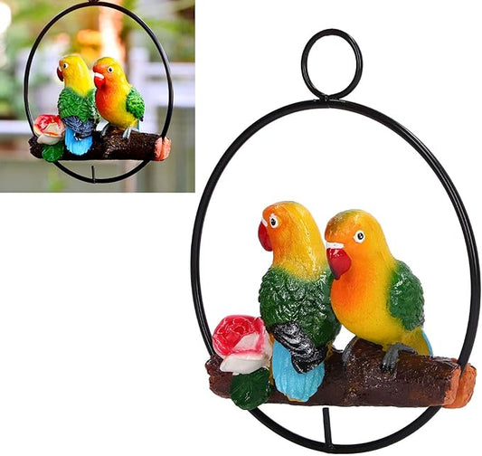 Hanging Parrot Sculpture, Hanging Garden Statue with Iron Ring, Hand Painted 3D Bird Decor for Patio Lawn Courtyard and Sunroom, Weather Resin Parrot Model