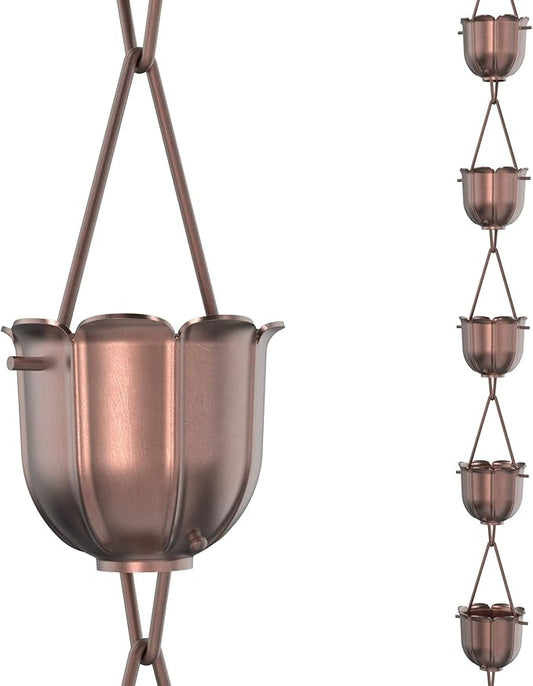 Rain Chains Direct - Flutes Rain Chain - 8.5 FT - Pure Solid Copper - Premium Rain Chains for Gutters