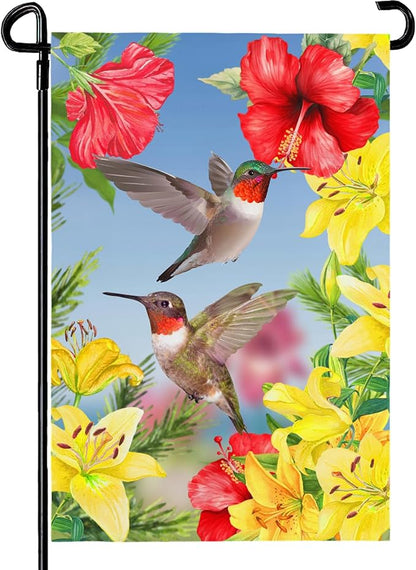 Hummingbird Garden Flags Red Flower Hibiscus and Yellow Lilies Yard Flag Wedding Anniversary Polyester Floral House Banners Double Sided for Spring Summer Party Outdoor Decor 12 x 18 Inch