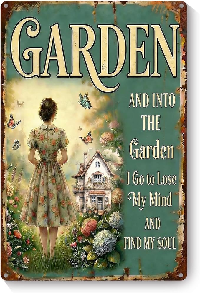 Vintage Metal Garden Sign, and Into The Garden I Go Wall Decor, Gardening Gifts for Women, Home Patio Yard Art, 8 x 12 Inches