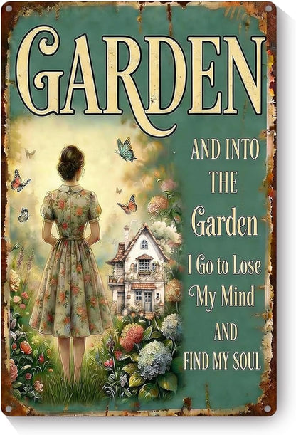 Vintage Metal Garden Sign, and Into The Garden I Go Wall Decor, Gardening Gifts for Women, Home Patio Yard Art, 8 x 12 Inches