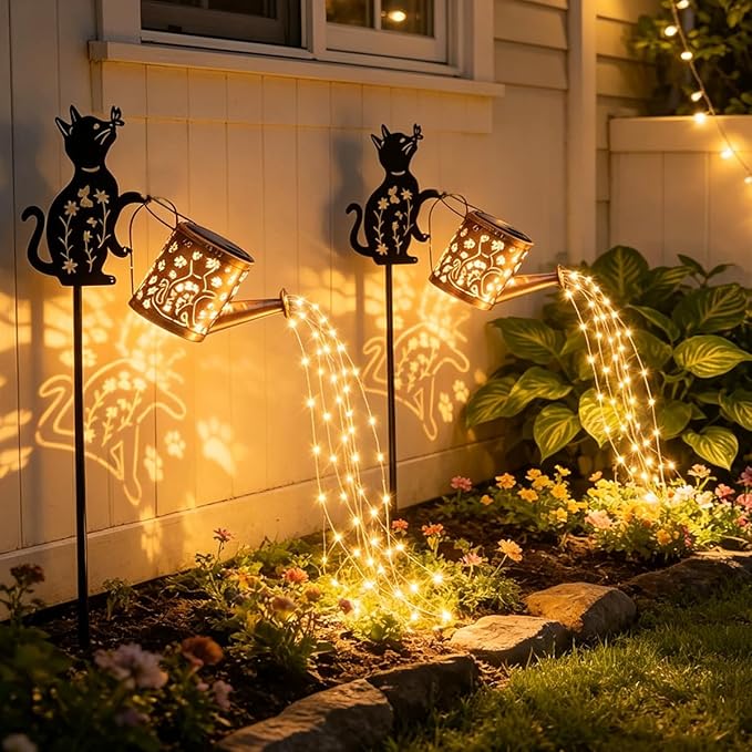 2 Pcs Solar Watering Can with Light, Outdoor Solar Cat Garden Decorative,Featuring Metal Cat Silhouette Stake, Gift for Women, Outdoor Waterproof,for Landscape,Lawn, Garden Path Decor