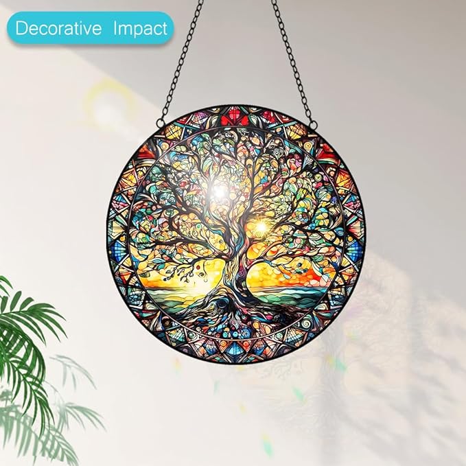 Tree of Life Suncatcher Stained Glass Window Hanging - 8″ Handmade Sun Catchers Indoor Window Catcher Suncatchers for Windows Garden -Wall Art Home Decor Panel Mothers Day Birthday Gift for Mom Women