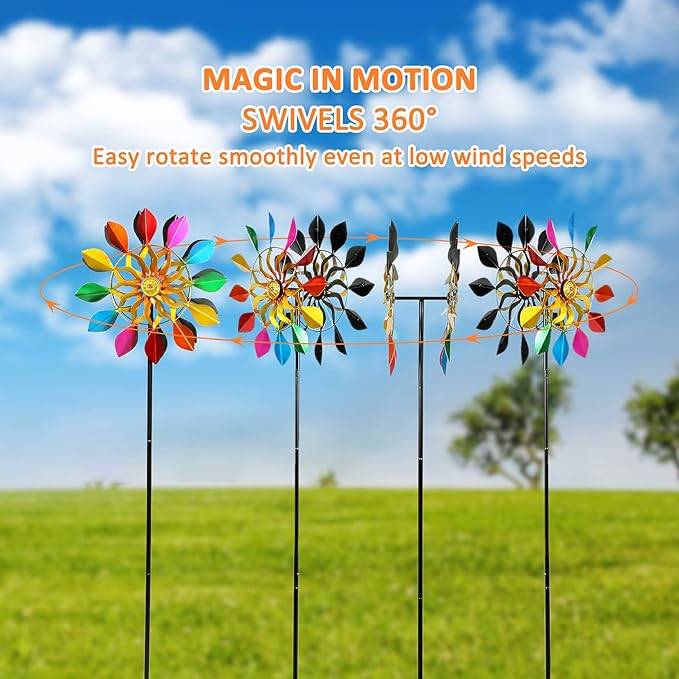 63 Inch Kinetic Wind Spinners with Garden Stake, Rainbow Metal Windmill Decorations, 360 Swivel Outdoor Wind Sculpture, Dual Direction Colorful Wind Catcher for Yard Art, Lawn, Garden Decor, Gifts