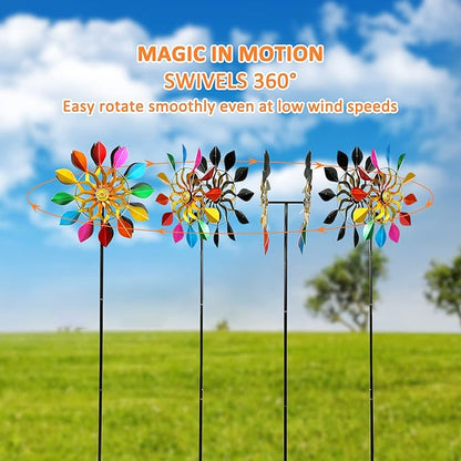 63 Inch Kinetic Wind Spinners with Garden Stake, Rainbow Metal Windmill Decorations, 360 Swivel Outdoor Wind Sculpture, Dual Direction Colorful Wind Catcher for Yard Art, Lawn, Garden Decor, Gifts
