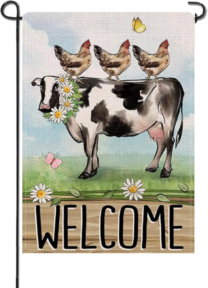 Artofy Welcome Spring Summer Farm Animals Small Decorative Garden Flag, Cow Chicken Hen Farmhouse Yard Lawn Outside Decor, Rustic Burlap Outdoor Home Decoration Double Sided 12 x 18