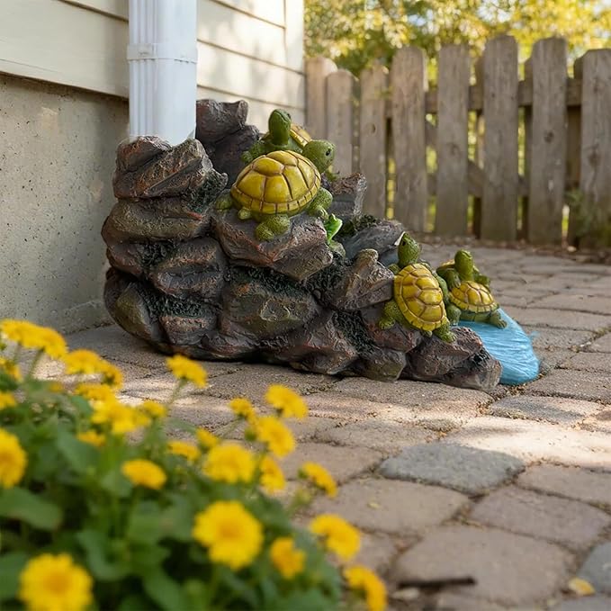 Turtle Splash Block - Decorative Resin Gutter Downspout Diverter, 11” x 6.1” x 6.9”, Durable Water Flow Protector for Yard, Garden & Patio, Functional Outdoor Tortoise Statue for Rainwater Drainage